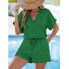 imageCUPSHE Womens Romper Knit V Neck Short Sleeves Drawstring Waist Straight leg Outfit Casual DressyEmerald Green
