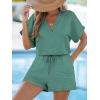 imageCUPSHE Womens Romper Knit V Neck Short Sleeves Drawstring Waist Straight leg Outfit Casual DressyTeal Green