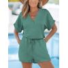 imageCUPSHE Womens Romper Knit V Neck Short Sleeves Drawstring Waist Straight leg Outfit Casual DressyTeal Green