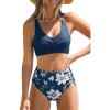 imageCUPSHE Womens Bikini Sets High Waisted Two Piece Swimsuit V Neck Front Wrap Adjustable Straps Ruched Bottom SwimwearNavy BlueFloral