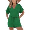 imageCUPSHE Womens Romper Knit V Neck Short Sleeves Drawstring Waist Straight leg Outfit Casual DressyEmerald Green