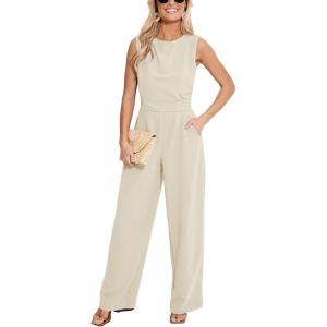 imageCUPSHE Summer Maxi Jumpsuit Round Neck Sleeveless Wide Leg One Piece Fall Outfit Pockets Fitted Overall Casual Maxi RomperApricot
