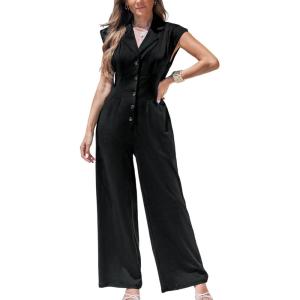 imageCUPSHE Womens Cap Sleeve Jumpsuits Dressy One Piece V Neck Buttons Down Collar Wide Leg Pants JumpsuitBlack