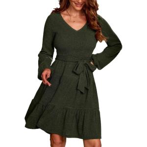 imageCUPSHE Womens Fall Sweater Dress Long Sleeve V Neck Waist Tie Casual Ruffle Mini DressGreen