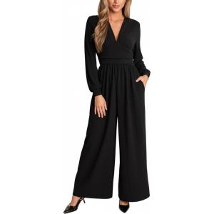 imageCUPSHE Womens Lantern Long Sleeve Dressy Jumpsuit V Neck Wide Leg Pants One Piece Romper Outfits with PocketsBlack
