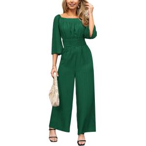 imageCUPSHE Womens One Piece Jumpsuits Dressy 34 Sleeve Square Neck Overalls Wide Leg Pants Rompers Vacation OutfitsGreen