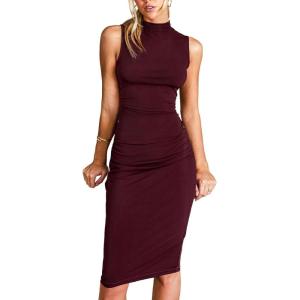 imageCUPSHE Womens Party Dresses Sleeveless Knit Fitted High Neck Pleated Fall Outfit Casual Cocktail Wedding Guest DressBurgundy