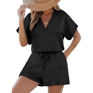 imageCUPSHE Womens Romper Knit V Neck Short Sleeves Drawstring Waist Straight leg Outfit Casual DressyBlack