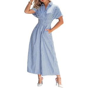 imageCUPSHE Womens Short Sleeve Jumpsuits One Piece V Neck Buttons Down Collar Wide Leg Pants Stripes Jumpsuit With PocketsBlue