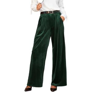 imageCUPSHE Velvet Pants for Women Wide Leg Dressy Velour Palazzo Work Pants with PocketsGreen