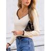 imageCUPSHE Womens Sweetheart Neckline Top Color Block Long Sleeve T Shirts Ribbed Knit Tee TopsBeige