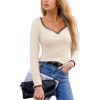 imageCUPSHE Womens Sweetheart Neckline Top Color Block Long Sleeve T Shirts Ribbed Knit Tee TopsBeige