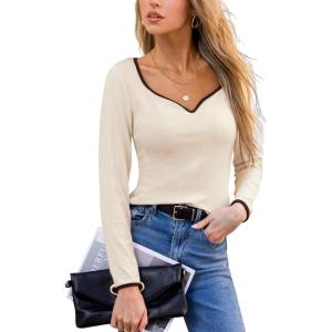 imageCUPSHE Womens Sweetheart Neckline Top Color Block Long Sleeve T Shirts Ribbed Knit Tee TopsBeige