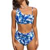 imageCUPSHE Womens Bikini Sets Two Piece Swimsuit High Waisted Drawstring Asymmetrical Neck Shirred Bathing SuitsWhiteBlue Tropical