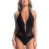 imageCUPSHE Womens Plunging Hater One Piece Ruched Mesh Panel Swimsuit Deep V Neck Open Back Bathing SuitBlack