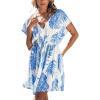 imageCUPSHE Womens Swimsuit Coverup Dress Short Sleeve Casual Summer Printed Beach Cover Ups SundressBlue Leaves