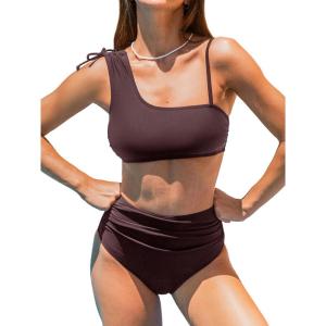 imageCUPSHE Womens Bikini Sets Two Piece Swimsuit High Waisted Drawstring Asymmetrical Neck Shirred Bathing SuitsBrick Brown