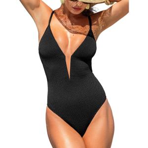 imageCUPSHE Womens One Piece Swimsuit Sexy Plunging Neck V Wire Bathing Suit Adjustable Straps Spaghetti Textured SwimwearBlack