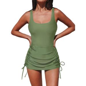 imageCUPSHE Womens One Piece Swimsuit Swim Dress Ruched Square Neck Drawstring Side Shirred Bathing Suit Adjustable StrapsGreen