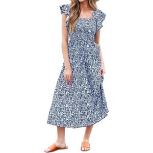 imageCUPSHE Womens Summer Dress Square Neck Striped Smocked Dress Ruffled Cap Sleeves Dress A Line Maxi Formal DressBlue Floral