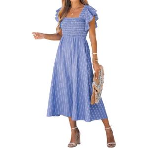 imageCUPSHE Womens Summer Dress Square Neck Striped Smocked Dress Ruffled Cap Sleeves Dress A Line Maxi Formal DressBlue Striped