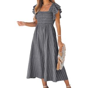 imageCUPSHE Womens Summer Dress Square Neck Striped Smocked Dress Ruffled Cap Sleeves Dress A Line Maxi Formal DressGrey
