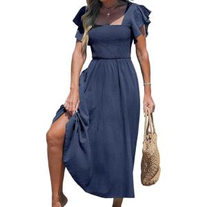imageCUPSHE Womens Summer Dress Square Neck Striped Smocked Dress Ruffled Cap Sleeves Dress A Line Maxi Formal DressNavy Blue