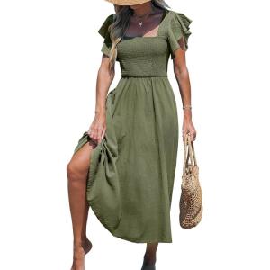 imageCUPSHE Womens Summer Dress Square Neck Striped Smocked Dress Ruffled Cap Sleeves Dress A Line Maxi Formal DressOlive Green