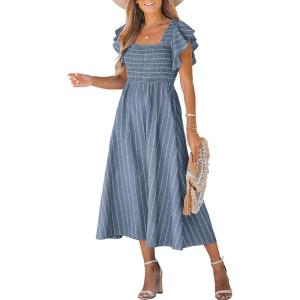 imageCUPSHE Womens Summer Dress Square Neck Striped Smocked Dress Ruffled Cap Sleeves Dress A Line Maxi Formal DressSteel Blue