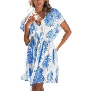 imageCUPSHE Womens Swimsuit Coverup Dress Short Sleeve Casual Summer Printed Beach Cover Ups SundressBlue Leaves
