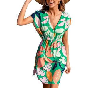 imageCUPSHE Womens Swimsuit Coverup Dress Short Sleeve Casual Summer Printed Beach Cover Ups SundressGreen Tropical