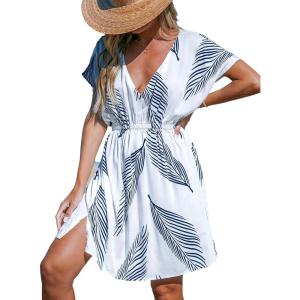 imageCUPSHE Womens Swimsuit Coverup Dress Short Sleeve Casual Summer Printed Beach Cover Ups SundressNavy Blue Leaf