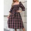 imageCUPSHE Womens Maxi Dresses Square Neck Plaid Smocked Belted Ruffled Casual Half Trumpet Sleeve A Line Long Party DressNavy Plaid