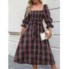 imageCUPSHE Womens Maxi Dresses Square Neck Plaid Smocked Belted Ruffled Casual Half Trumpet Sleeve A Line Long Party DressNavy Plaid