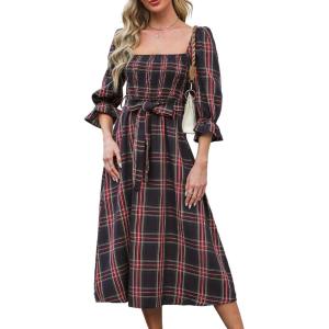 imageCUPSHE Womens Maxi Dresses Square Neck Plaid Smocked Belted Ruffled Casual Half Trumpet Sleeve A Line Long Party DressNavy Plaid
