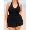 imageCUPSHE Plus Size Womens One Piece Swimsuit V Neck Lace Trim Swim Dress Adjustable Self Tie Bathing SuitBlack