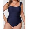 imageCUPSHE Women Plus Size One Piece Swimsuit Ruffle Straps Square Neck Tummy Control Bathing Suit Crossback Back Self TieNavy Blue