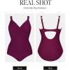 imageCUPSHE Womens One Piece Swimsuit Plus Size Tummy Control V Neck Bathing Suit Curvy Cutout SlimmingWine Red