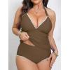 imageCUPSHE Womens Plus Size Tankini Sets Halter Strappy Deep V Neck Two Piece Swimsuits Shell Stitched RuchingBrown