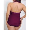 imageCUPSHE Womens Plus Size Tankini Sets Halter Strappy Deep V Neck Two Piece Swimsuits Shell Stitched RuchingBurgundy