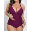 imageCUPSHE Womens Plus Size Tankini Sets Halter Strappy Deep V Neck Two Piece Swimsuits Shell Stitched RuchingBurgundy