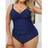 imageCUPSHE Womens Plus Size Tankini Sets V Neck Ruched Two Piece Swimsuits Adjustable Straps Mid RiseNavy Blue