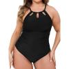 imageCUPSHE Plus Size One Piece Swimsuit for Women High Neck Cutout Bathing Suit Self Tie Curvy Slimming SwimwearBlack