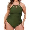 imageCUPSHE Plus Size One Piece Swimsuit for Women High Neck Cutout Bathing Suit Self Tie Curvy Slimming SwimwearOlive Green