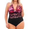 imageCUPSHE Plus Size Womens One Piece Swimsuit Plunging V Neck Mesh Swimwear Adjustable Self Tie Bathing SuitBlackAbstract