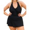 imageCUPSHE Plus Size Womens One Piece Swimsuit V Neck Lace Trim Swim Dress Adjustable Self Tie Bathing SuitBlack