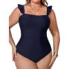 imageCUPSHE Women Plus Size One Piece Swimsuit Ruffle Straps Square Neck Tummy Control Bathing Suit Crossback Back Self TieNavy Blue