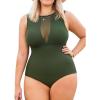 imageCUPSHE Womens One Piece Swimsuit Plus Size Bathing Suit Mesh Crew Neck Swimwear Back TieOlive Green