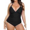 imageCUPSHE Womens Plus Size Tankini Sets Halter Strappy Deep V Neck Two Piece Swimsuits Shell Stitched RuchingBlack