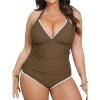 imageCUPSHE Womens Plus Size Tankini Sets Halter Strappy Deep V Neck Two Piece Swimsuits Shell Stitched RuchingBrown